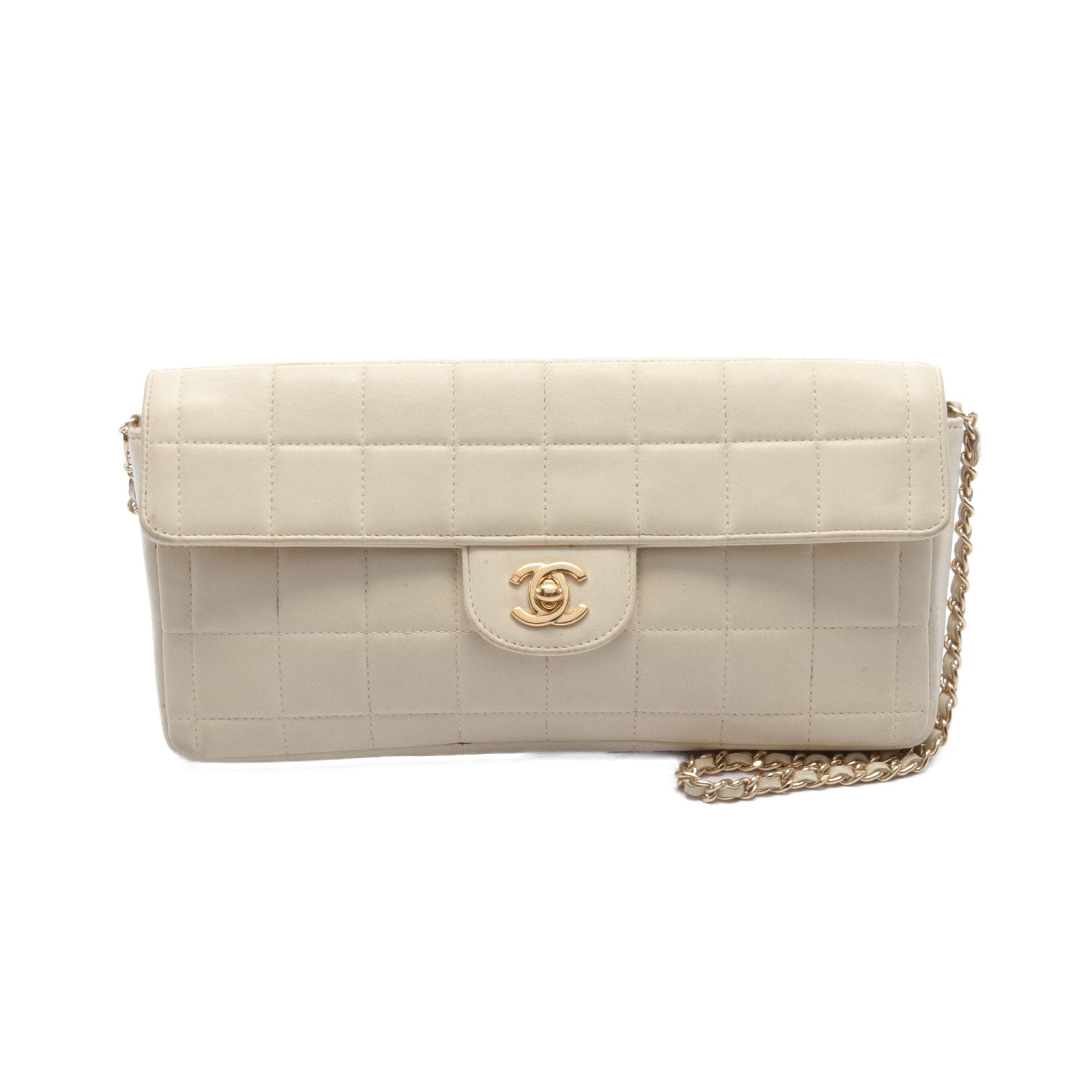 Chanel Chocolate Bar Chain Shoulder Bag Leather Ivory Gold Hardware