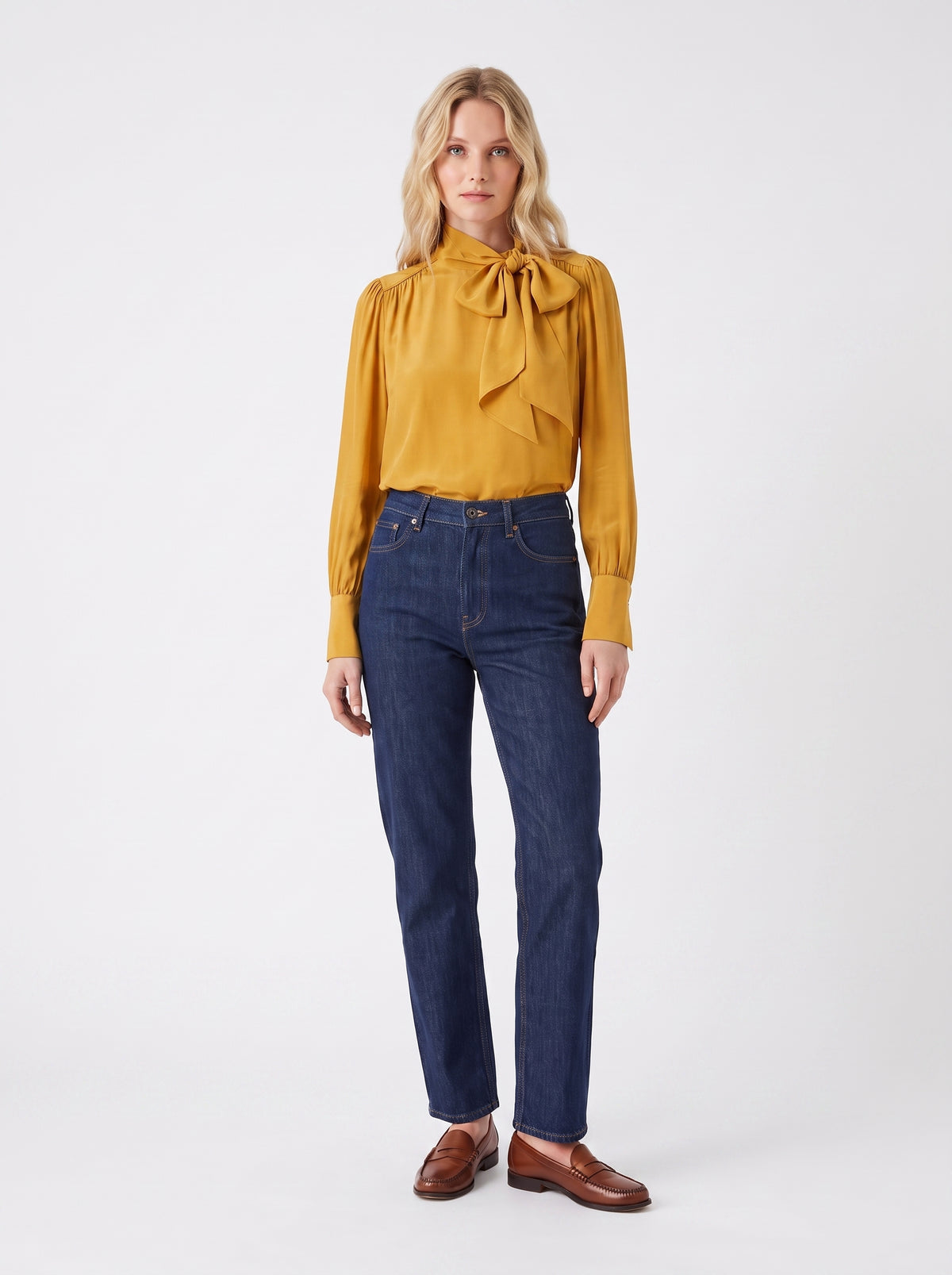 Mustard Yellow Tie-Neck Blouse — M
